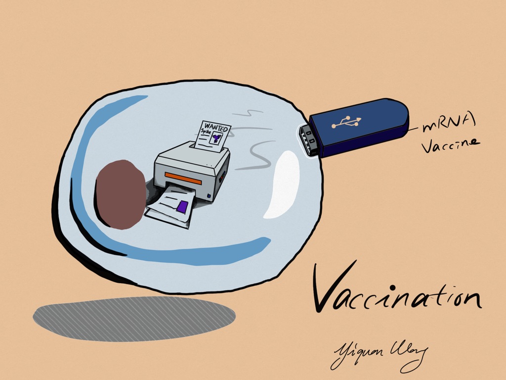 Vaccination bottle with mRNA and lab tools